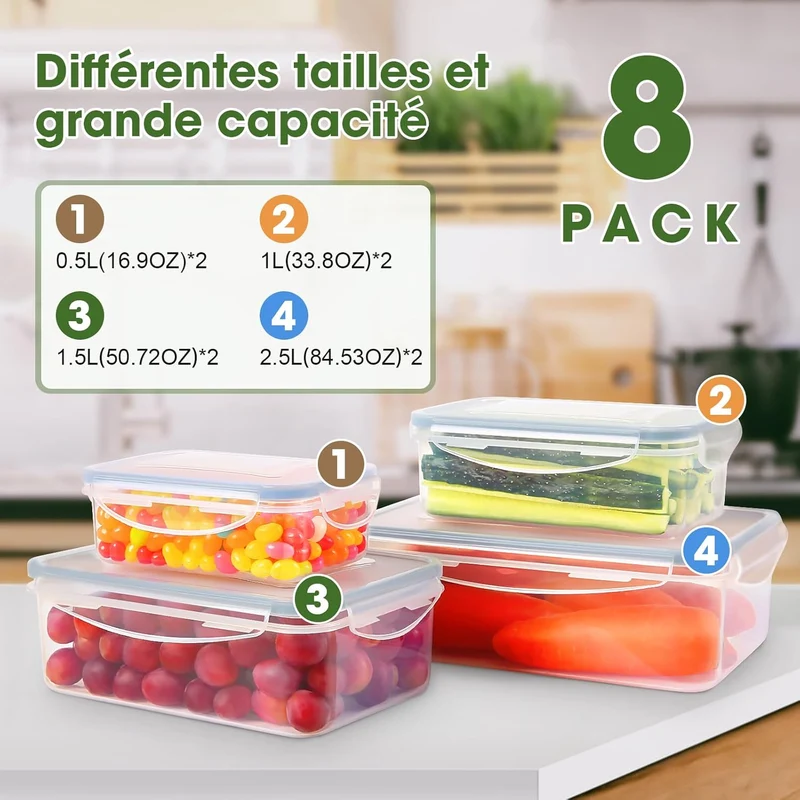 Boîte Alimentaire Set, 8 Pièces Boîtes Alimentaires Plastique Réutilisables avec Couvercles Hermétiques