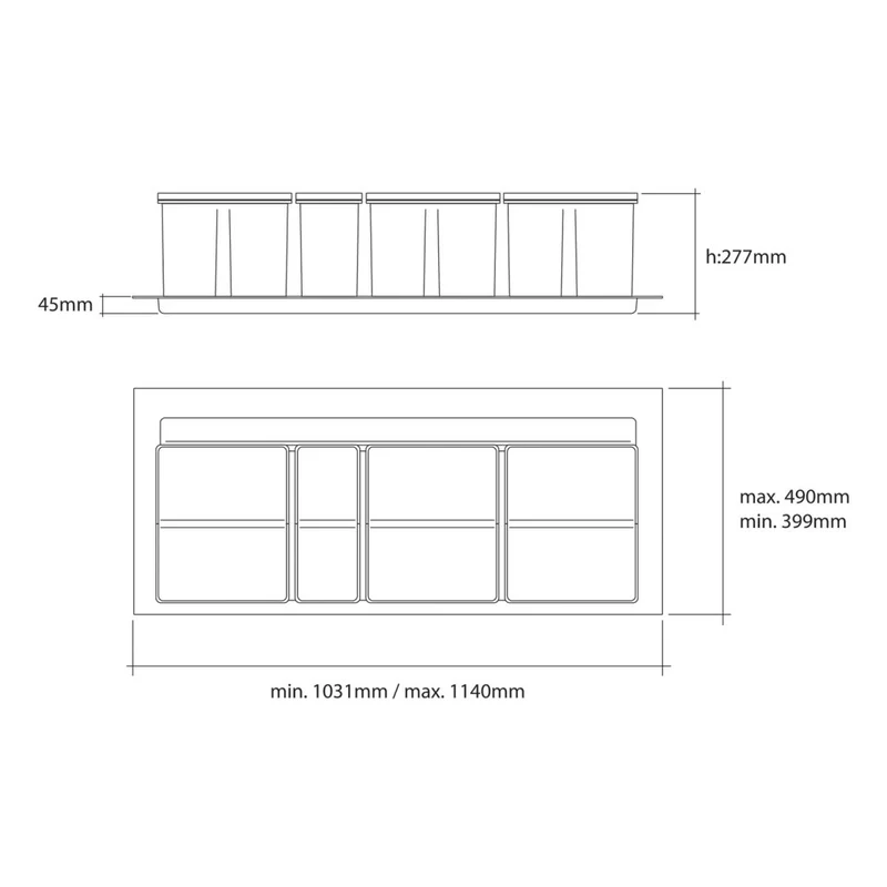 Collecteur tri 4 seaux 89 L pour tiroir de 1200 mm