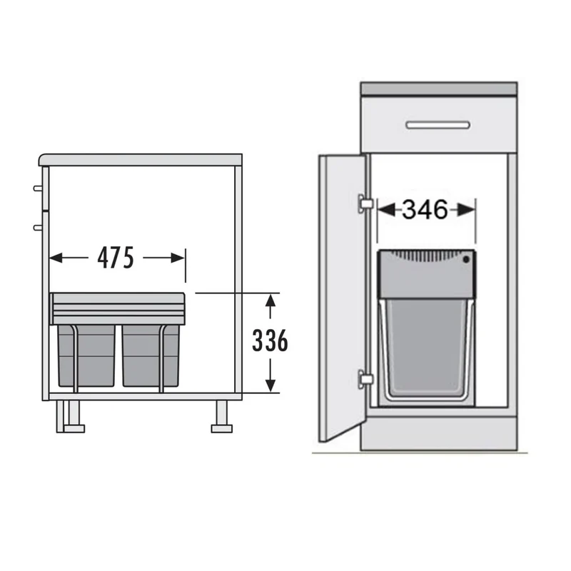 Poubelle 2 bacs 36 L pour meuble de 400 mm, sortie totale