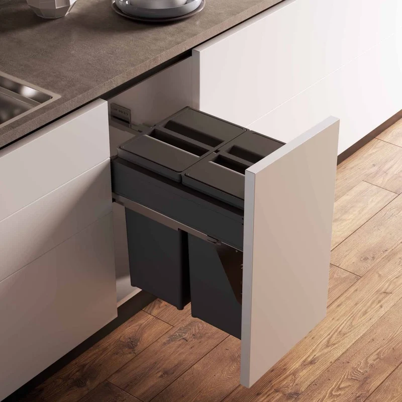Poubelle 2 bacs 58 L pour meuble de 400 mm, SOFT