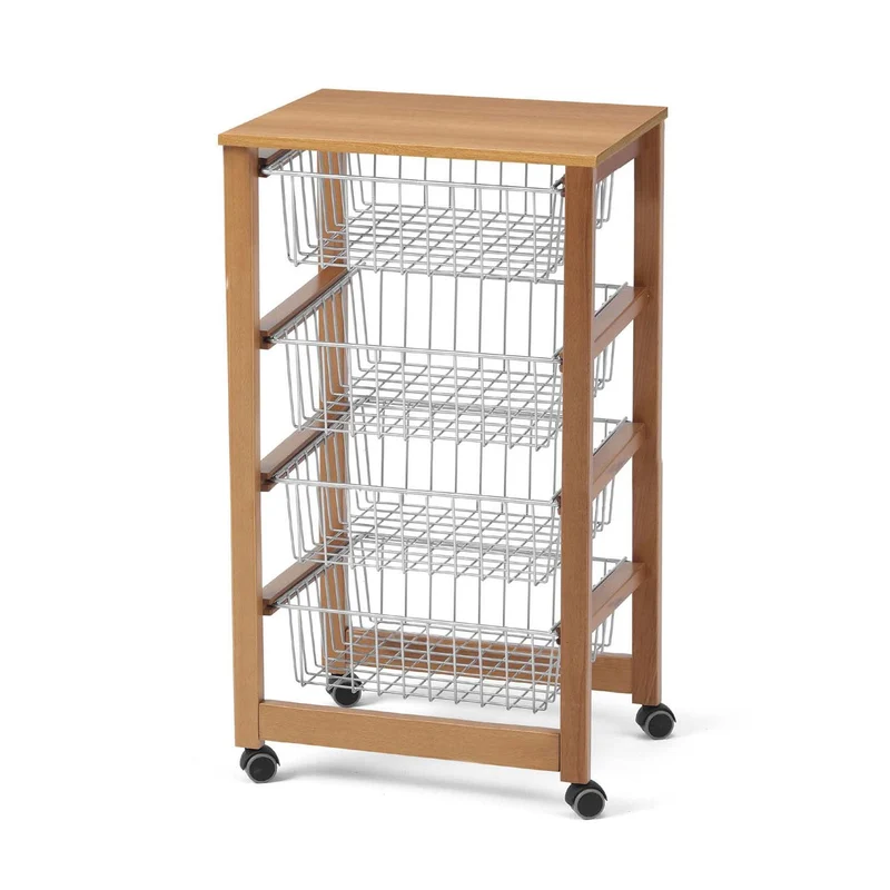 ARIT GINGERONE - Chariot de cuisine, Desserte Cuisine, Desserte a Roulette, Desserte Bois, 4 paniers coulissants, Couleur Cerise
