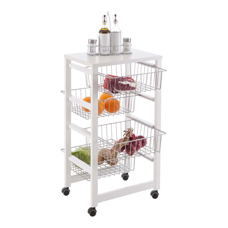 ARIT - Chariot de cuisine GINGERONE, Desserte Cuisine, Desserte a Roulette, Desserte Bois, 4 paniers coulissants - Couleur blanche
