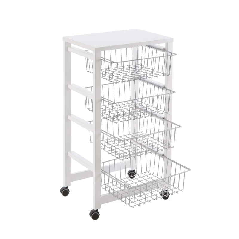ARIT - Chariot de cuisine GINGERONE, Desserte Cuisine, Desserte a Roulette, Desserte Bois, 4 paniers coulissants - Couleur blanche