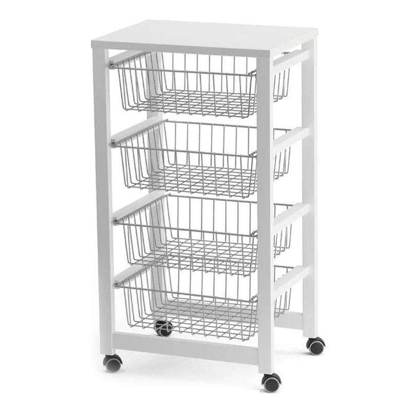 ARIT - Chariot de cuisine GINGERONE, Desserte Cuisine, Desserte a Roulette, Desserte Bois, 4 paniers coulissants - Couleur blanche