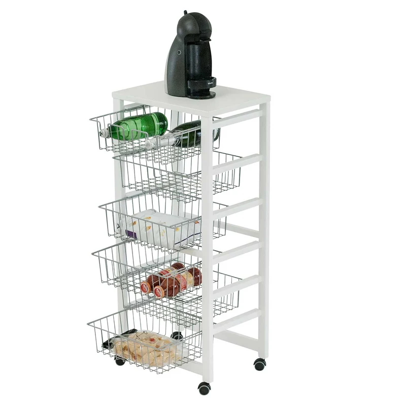 ARIT - Chariot de cuisine GUSTAVO, Desserte Cuisine, Desserte a Roulette, Desserte Bois, 5 cestini, 1 portabottiglie - Couleur laccato bianco