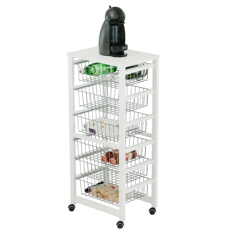 ARIT - Chariot de cuisine GUSTAVO, Desserte Cuisine, Desserte a Roulette, Desserte Bois, 5 cestini, 1 portabottiglie - Couleur laccato bianco