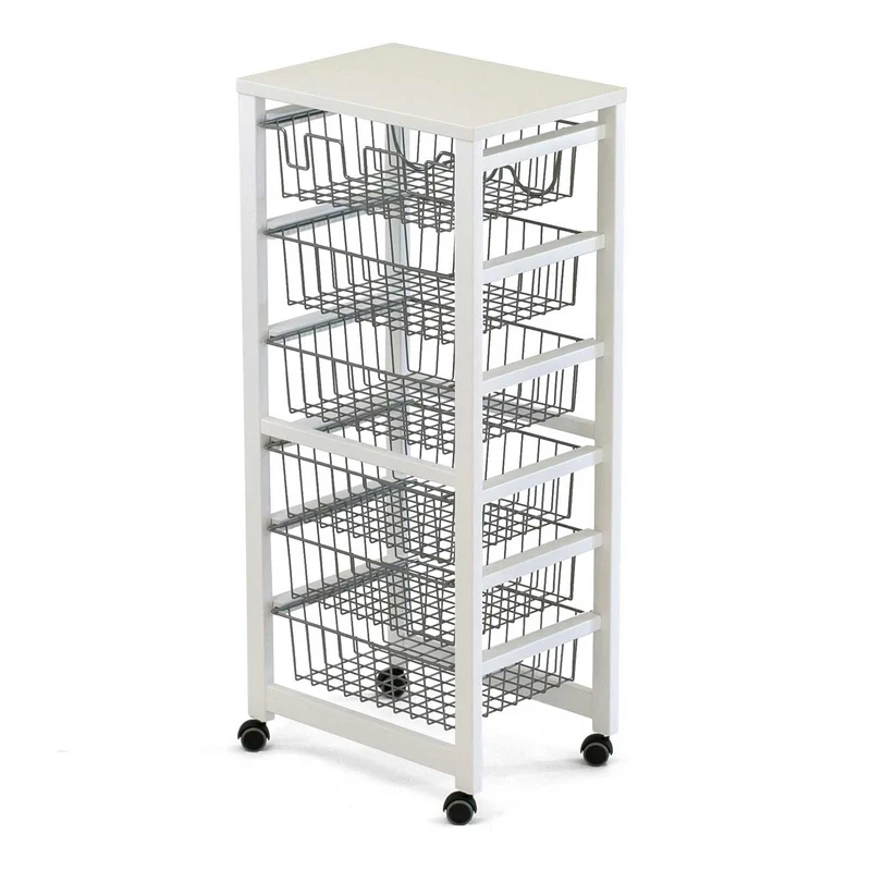 ARIT - Chariot de cuisine GUSTAVO, Desserte Cuisine, Desserte a Roulette, Desserte Bois, 5 cestini, 1 portabottiglie - Couleur laccato bianco