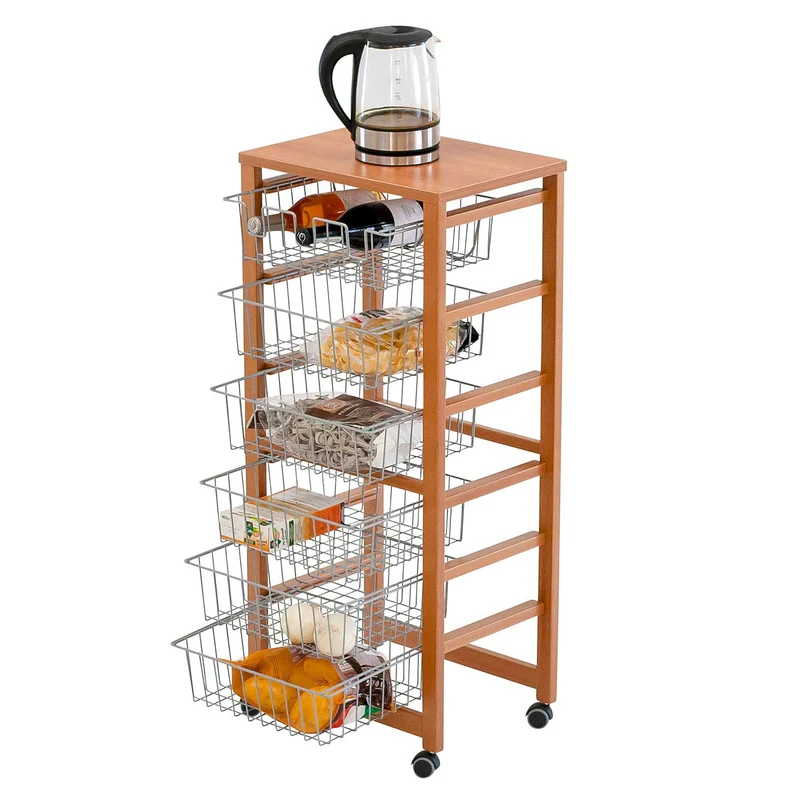 ARIT - Chariot de cuisine GUSTAVO, Desserte Cuisine, Desserte a Roulette, Desserte Bois, 5 cestini, 1 portabottiglie - Couleur ciliegio