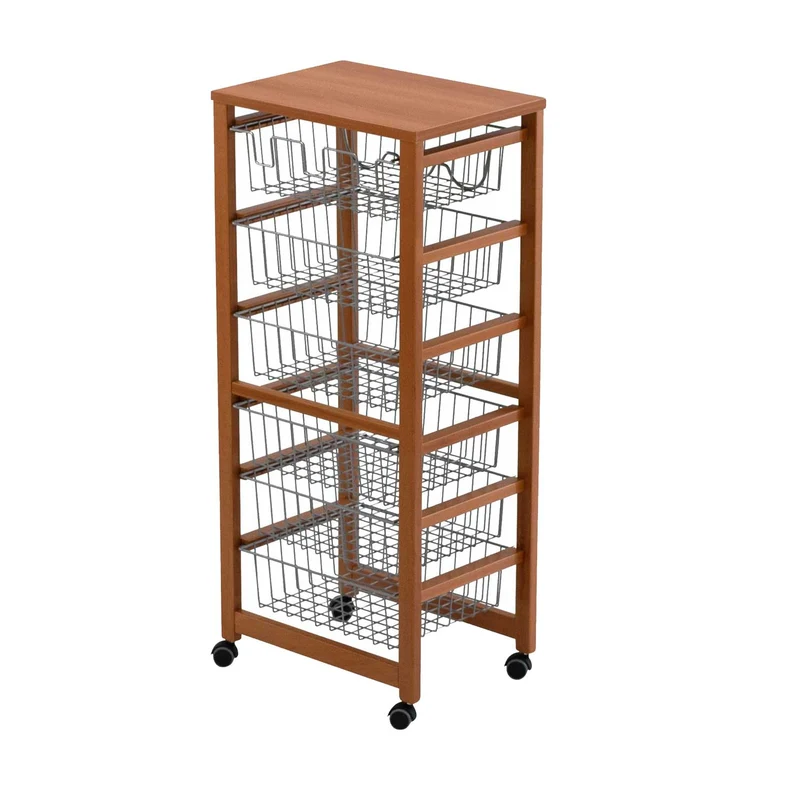 ARIT - Chariot de cuisine GUSTAVO, Desserte Cuisine, Desserte a Roulette, Desserte Bois, 5 cestini, 1 portabottiglie - Couleur ciliegio