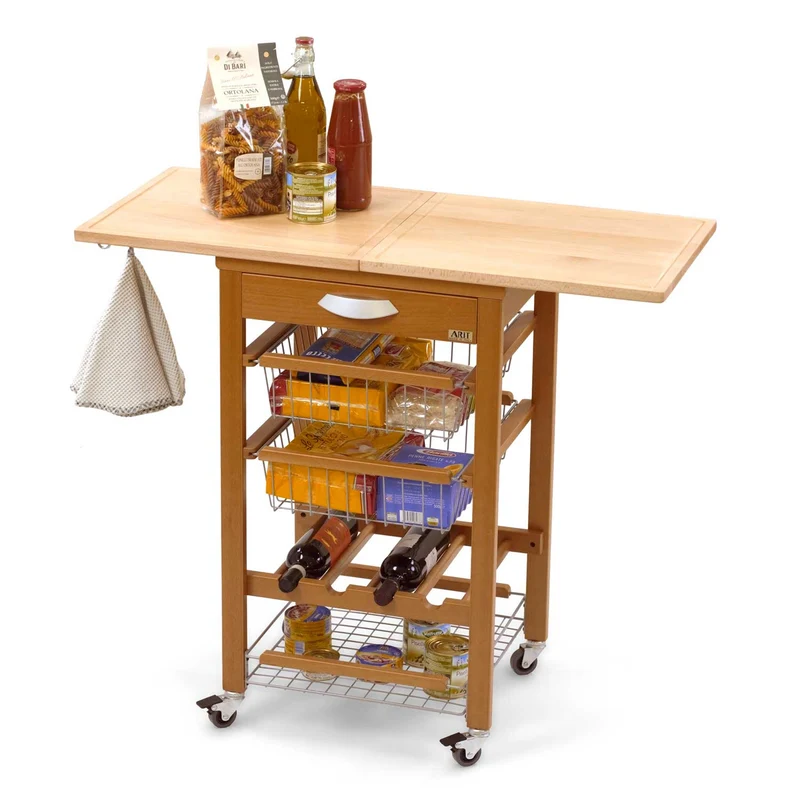 ARIT Gastone – Desserte de cuisine extensible en hêtre massif, sur roulettes, couleur cerisier