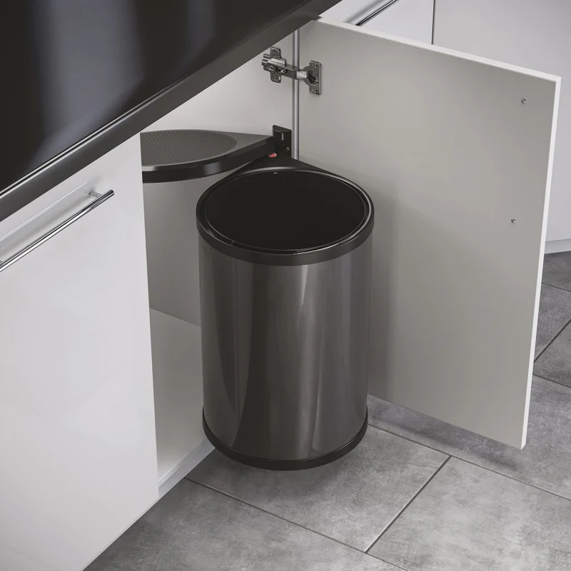 Poubelle ronde automatique en gris foncé et noir de 20L - l.290 x P. 304 x H. 456mm - fixation sur porte et caisson - pour meuble de 400mm