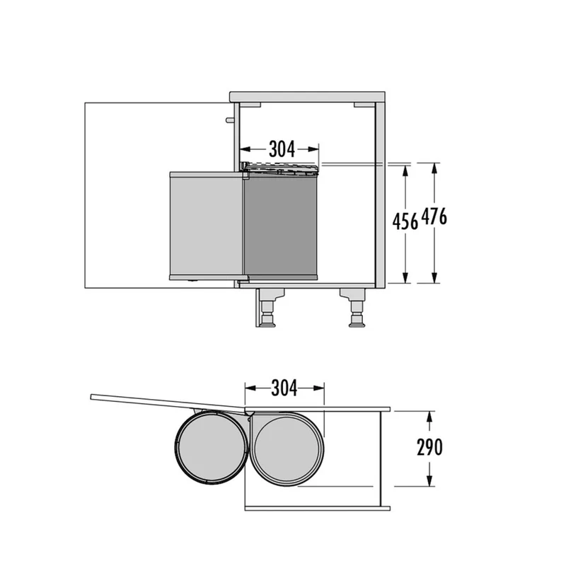 Poubelle ronde automatique en gris foncé et noir de 20L - l.290 x P. 304 x H. 456mm - fixation sur porte et caisson - pour meuble de 400mm
