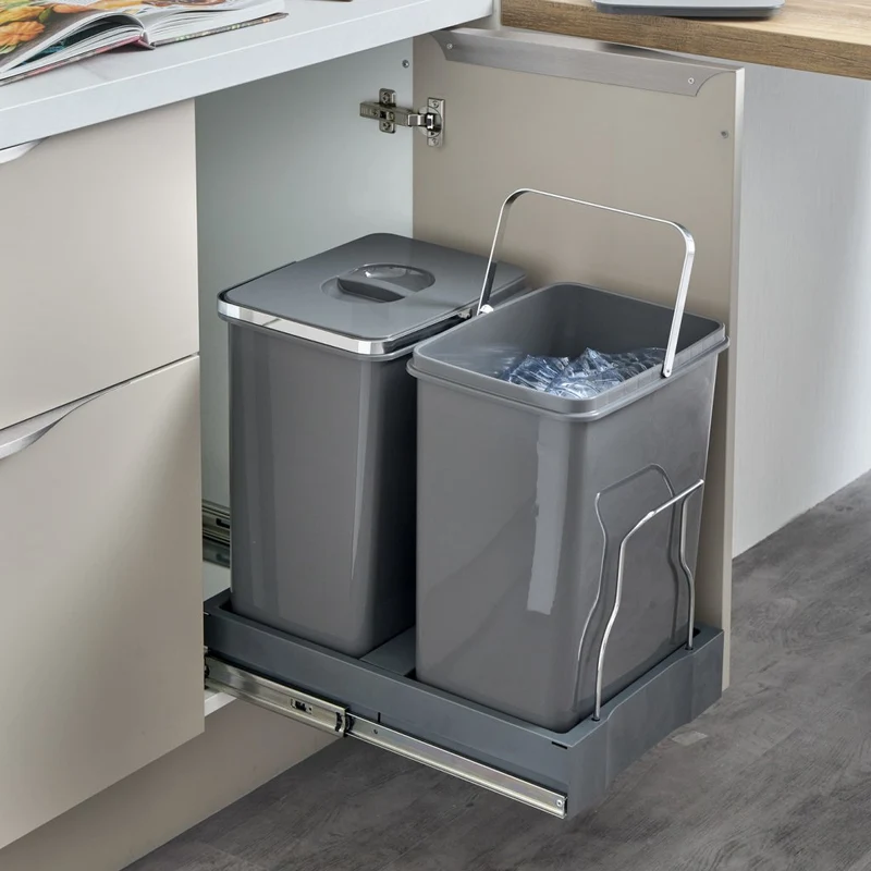Poubelle pour meuble de 450mm avec porte à charnières - Ouverture automatique - 2 x 20L