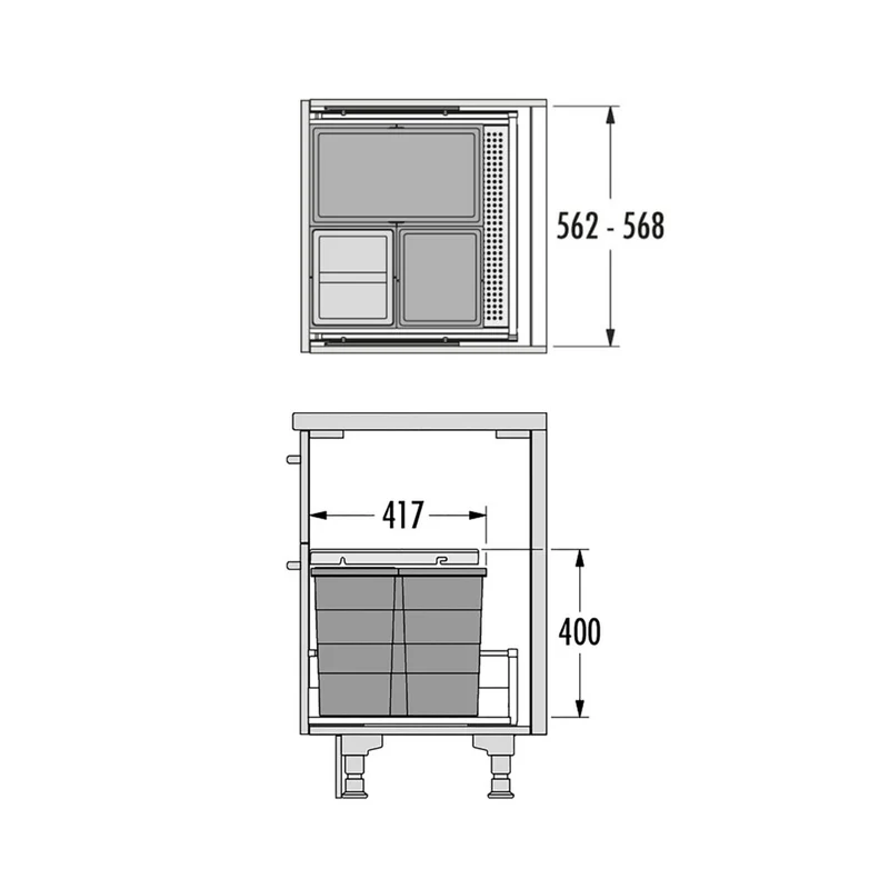 Collecteur composé de 3 seaux avec couvercle : 1x28L + 2x13L -pour tiroir de 500mm de profondeur - H.400mm