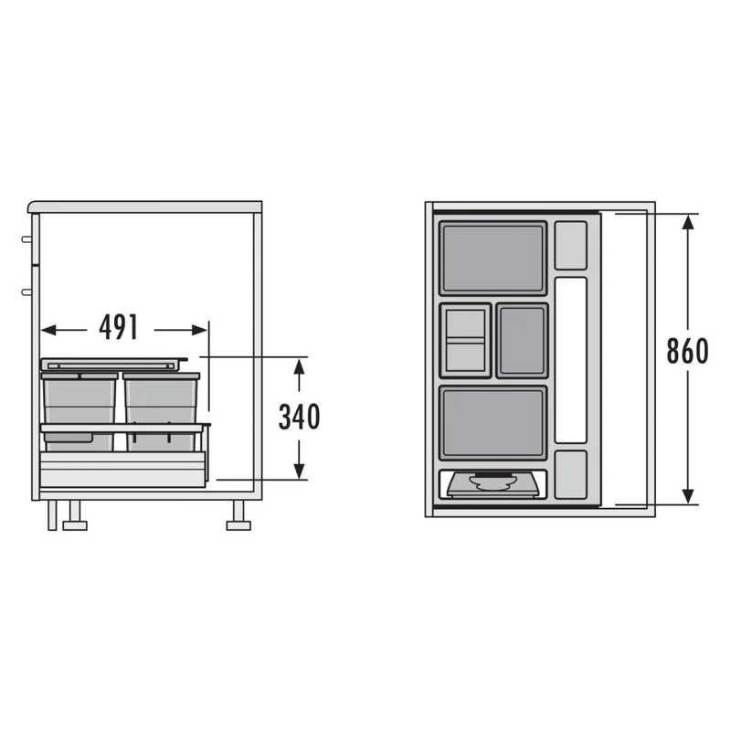 Aménagement tri 4 seaux 52 L pour meuble de 900 mm