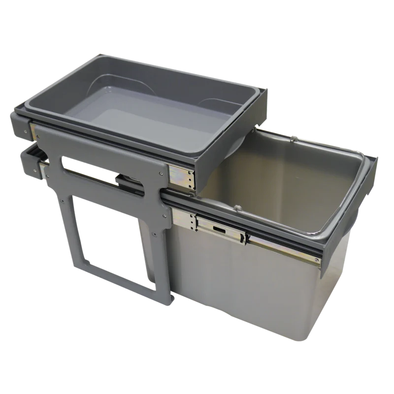 Poubelle avec un panier de rangement pour meuble de 400mm composée d'1 seau : 1 x 34L - l.340 x P. 485 x H. 426mm - ouverture manuelle-Gris