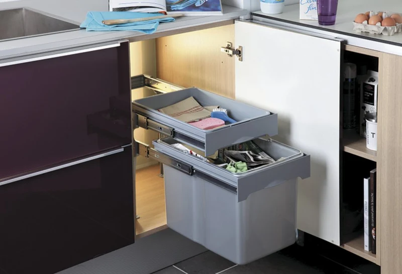 Poubelle avec un panier de rangement pour meuble de 400mm composée d'1 seau : 1 x 34L - l.340 x P. 485 x H. 426mm - ouverture manuelle-Gris