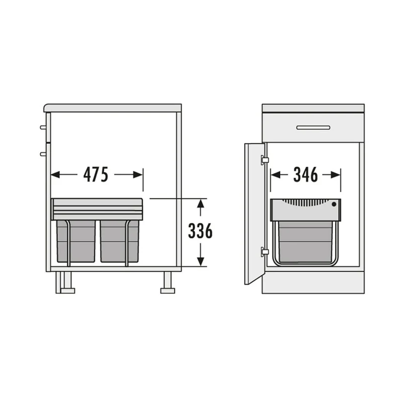 Poubelle pour meuble de 400mm composée de 2 seaux de 18L - l. 346 x P. 475 x H. 336mm - ouverture manuelle- Gris foncé