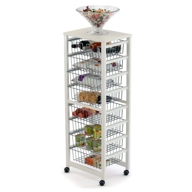 ARIT - Chariot de Rangement GUSTAVOTTO, Chariot Cuisine, avec plateau en mélaminé, desserte cuisine, 8 paniers, 1 porte-bouteilles - Couleur blanche