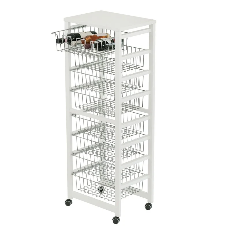 ARIT - Chariot de Rangement GUSTAVOTTO, Chariot Cuisine, avec plateau en mélaminé, desserte cuisine, 8 paniers, 1 porte-bouteilles - Couleur blanche
