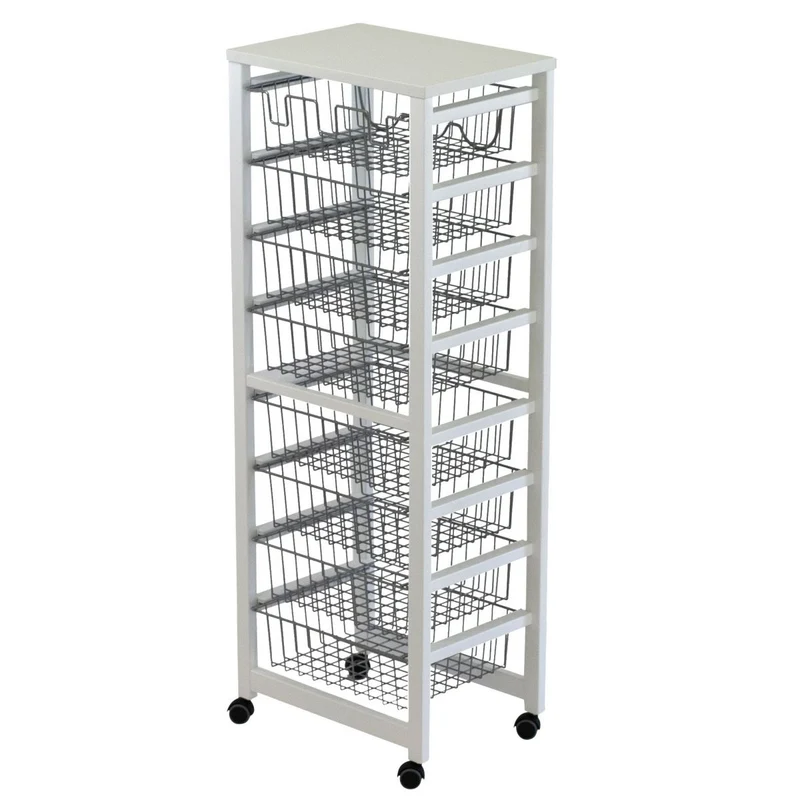 ARIT - Chariot de Rangement GUSTAVOTTO, Chariot Cuisine, avec plateau en mélaminé, desserte cuisine, 8 paniers, 1 porte-bouteilles - Couleur blanche