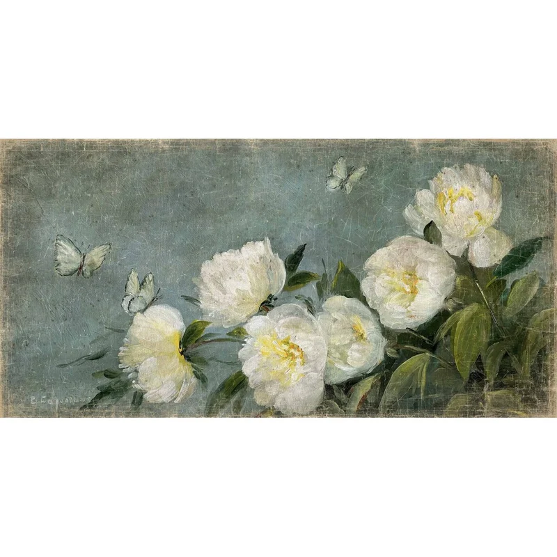 Tableau papier froissé PIVOINES ET PAPILLON