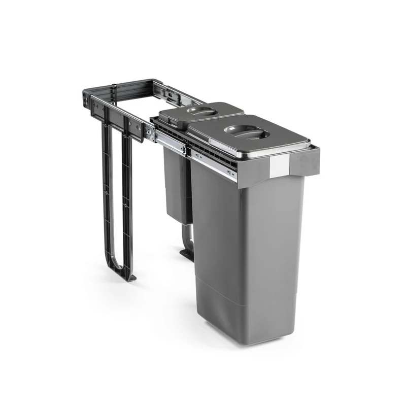 Poubelle sous évier pour meuble de 300mm- Composée de 2 seaux de 26L + 7L- Ouverture manuelle - Gris orion