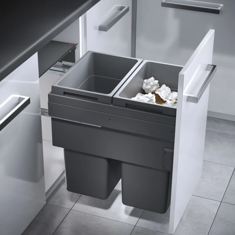 Poubelle pour meuble de 450mm composée de 2 bacs avec couvercles : 2 x 38L - gris orion - H. 545mm - ouverture manuelle avec système SOFT