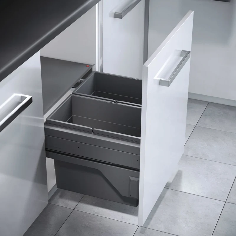 Poubelle pour meuble de 600mm composée de 2 bacs : 2 x 28L et d'1 couvercle fixe - l. 562 à 568 x P. 448 x H. 375mm - ouverture manuelle avec système SOFT-Gris orion
