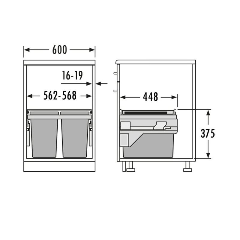 Poubelle pour meuble de 600mm composée de 2 bacs : 2 x 28L et d'1 couvercle fixe - l. 562 à 568 x P. 448 x H. 375mm - ouverture manuelle avec système SOFT-Gris orion