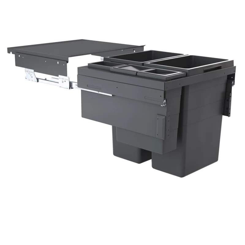Poubelle grande capacité pour meuble de 600mm composée de 4 bacs avec couvercles : 2 x 38L + 1 x 12L + 1 x 2,5L - gris orion - H. 545mm - ouverture manuelle avec système SOFT
