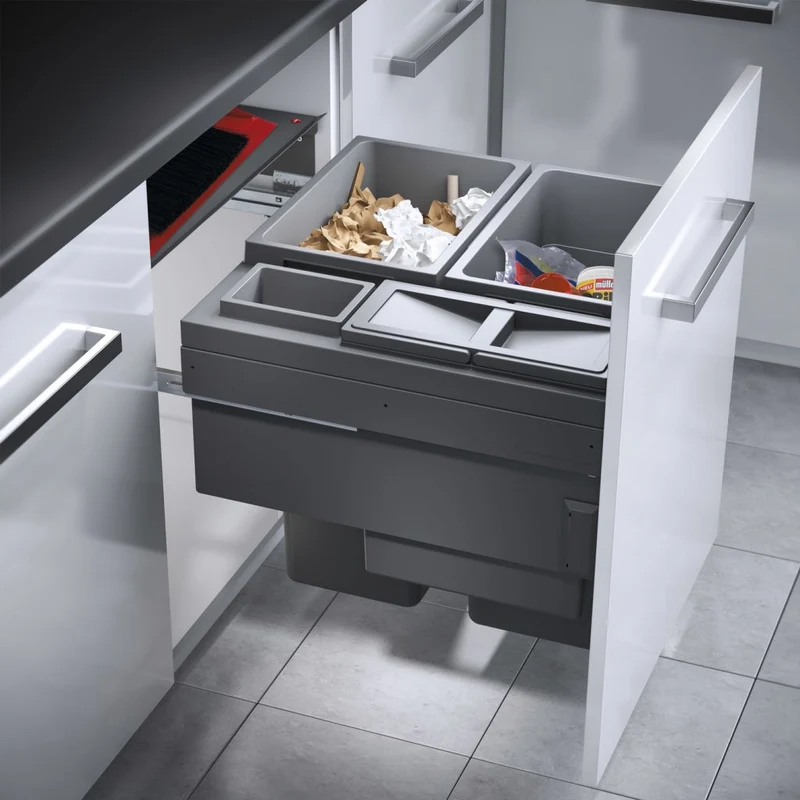 Poubelle grande capacité pour meuble de 600mm composée de 4 bacs avec couvercles : 2 x 38L + 1 x 12L + 1 x 2,5L - gris orion - H. 545mm - ouverture manuelle avec système SOFT